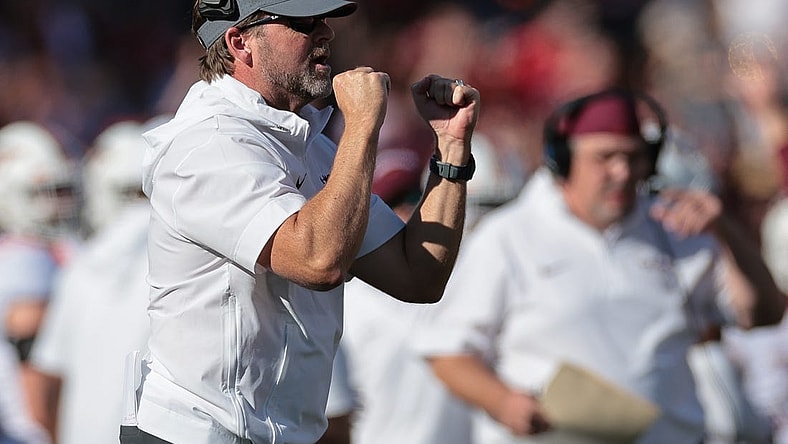 Sep 16, 2023; Piscataway, New Jersey, USA; Virginia Tech Hokies head coach Brent Pry reacts during the first half against the Rutgers Scarlet Knights at SHI Stadium. Mandatory Credit: Vincent Carchietta-USA TODAY Sports