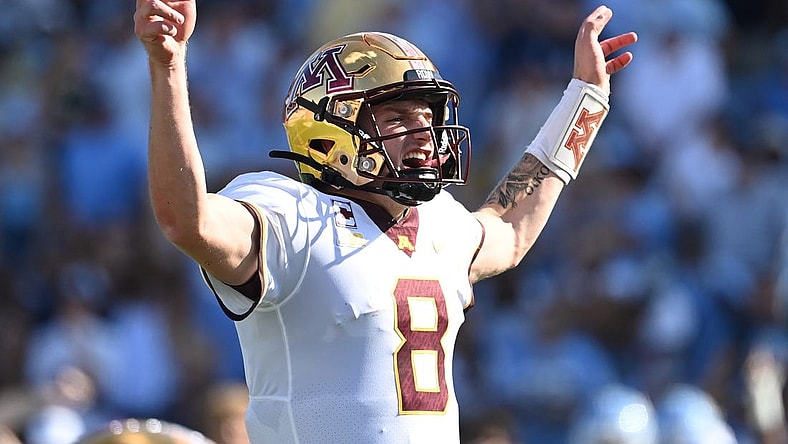 Sep 16, 2023; Chapel Hill, North Carolina, USA; Minnesota Golden Gophers quarterback Athan Kaliakmanis (8) on the field in the second quarter at Kenan Memorial Stadium. Mandatory Credit: Bob Donnan-USA TODAY Sports