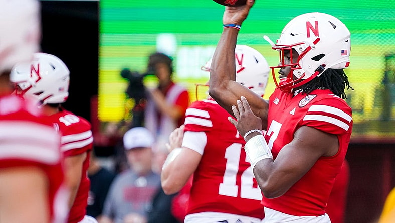 Sep 16, 2023; Lincoln, Nebraska, USA; Nebraska Cornhuskers quarterback Jeff Sims (7) warms up before the game against the Northern Illinois Huskies at Memorial Stadium. Mandatory Credit: Dylan Widger-USA TODAY Sports