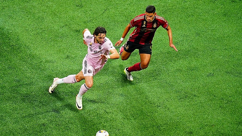 Sep 16, 2023; Atlanta, Georgia, USA; Inter Miami CF forward Leonardo Campana (9) dribbles the ball against Atlanta United defender Luis Abram (4) during the first half at Mercedes-Benz Stadium. Mandatory Credit: John David Mercer-USA TODAY Sports