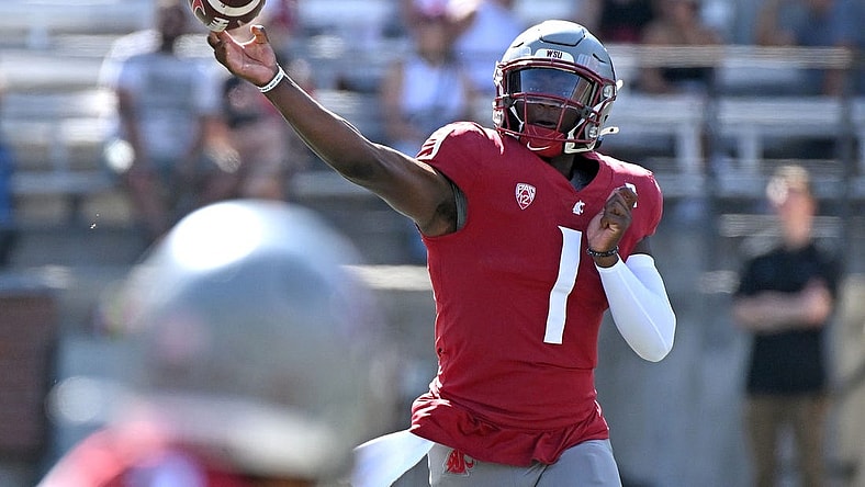 Sep 16, 2023; Pullman, Washington, USA; Washington State Cougars quarterback Cameron Ward (1) throws a pass against the Northern Colorado Bears in the first half at Gesa Field at Martin Stadium. Mandatory Credit: James Snook-USA TODAY Sports