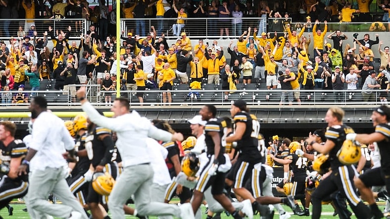 The celebration begins after Missouri kicker Harrison Mevis's game-winning field goal during a game against Kansas State at Memorial Stadium on Sept. 16, 2023, in Columbia, Mo.