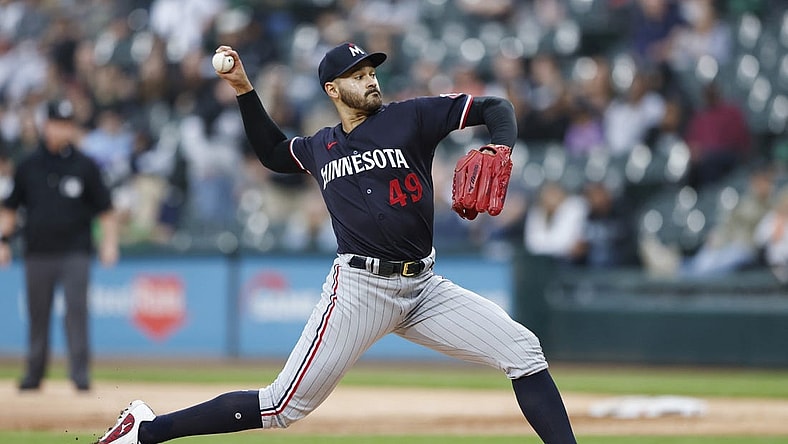 Sep 16, 2023; Chicago, Illinois, USA; Minnesota Twins starting pitcher Pablo Lopez (49) pitches against the Chicago White Sox during the first inning at Guaranteed Rate Field. Mandatory Credit: Kamil Krzaczynski-USA TODAY Sports