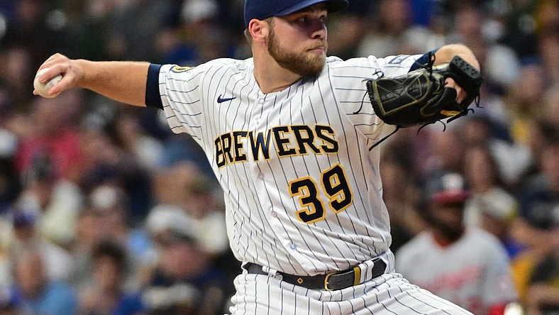 Sep 16, 2023; Milwaukee, Wisconsin, USA; Milwaukee Brewers pitcher Corbin Burnes (39) pitches against the Washington Nationals in the first inning at American Family Field. Mandatory Credit: Benny Sieu-USA TODAY Sports