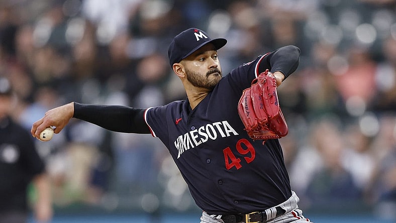 Sep 16, 2023; Chicago, Illinois, USA; Minnesota Twins starting pitcher Pablo Lopez (49) pitches against the Chicago White Sox during the first inning at Guaranteed Rate Field. Mandatory Credit: Kamil Krzaczynski-USA TODAY Sports