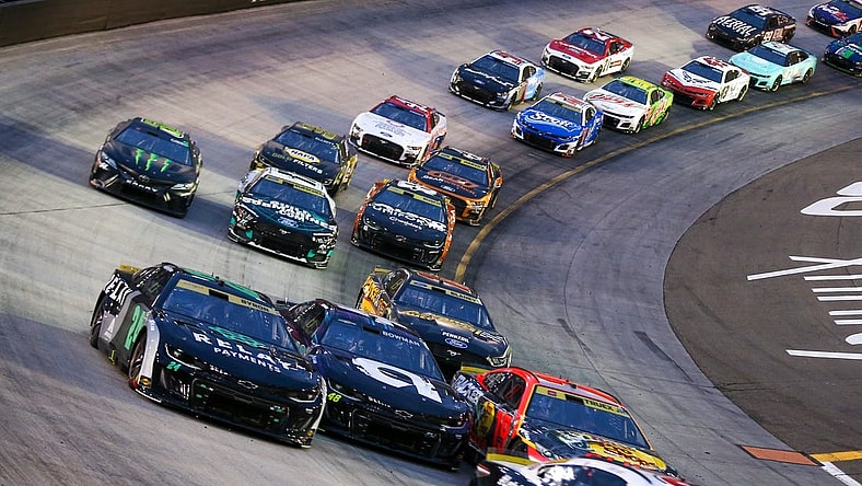 Sep 16, 2023; Bristol, Tennessee, USA; NASCAR Cup Series driver William Byron (24) and driver Martin Truex Jr. (19) and driver Alex Bowman (48) during the Bass Pro Shops Night Race at Bristol Motor Speedway. Mandatory Credit: Randy Sartin-USA TODAY Sports