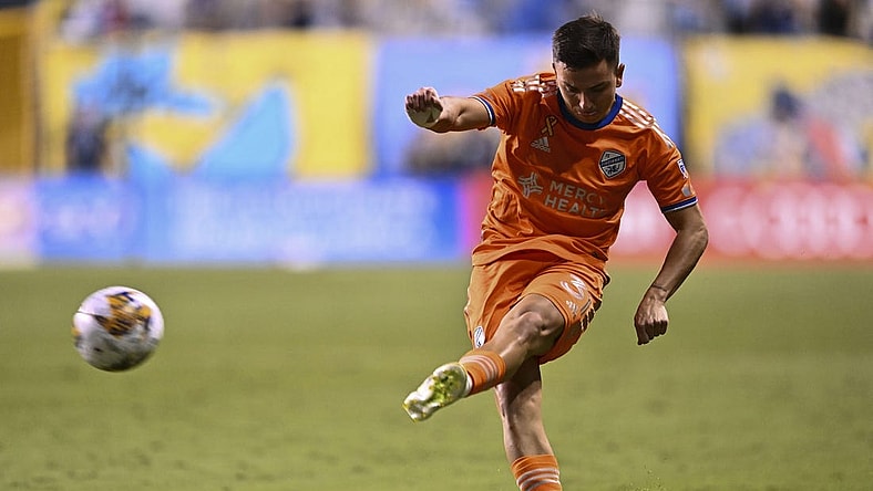 Sep 16, 2023; Philadelphia, Pennsylvania, USA; FC Cincinnati midfielder Alvaro Barreal (31) passes the ball against the Philadelphia Union in the first half at Subaru Park. Mandatory Credit: Kyle Ross-USA TODAY Sports