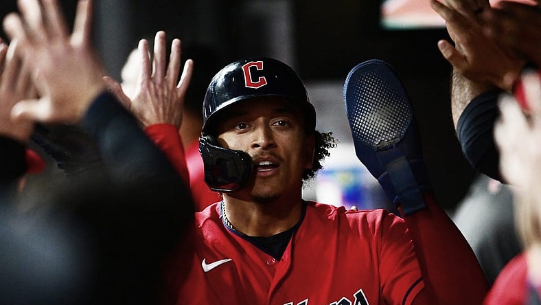 Sep 16, 2023; Cleveland, Ohio, USA; Cleveland Guardians catcher Bo Naylor (23) celebrates after scoring during the eighth inning against the Texas Rangers at Progressive Field. Mandatory Credit: Ken Blaze-USA TODAY Sports