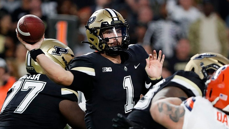 Purdue Boilermakers quarterback Hudson Card (1) passes the ball during the NCAA football game against the Syracuse Orange, Wednesday, July 12, 2023, at Ross-Ade Stadium in West Lafayette, Ind.