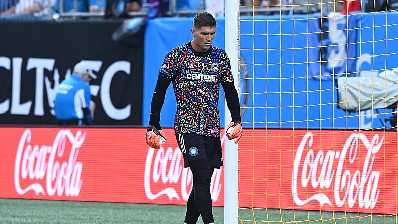 Sep 16, 2023; Charlotte, North Carolina, USA; Charlotte FC goalkeeper Kristijan Kahlina (1) walks in front of the goal before the match against D.C. United at Bank of America Stadium. Mandatory Credit: Griffin Zetterberg-USA TODAY Sports