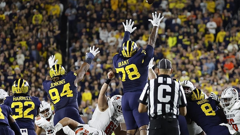 Sep 16, 2023; Ann Arbor, Michigan, USA; Michigan Wolverines defensive lineman Kenneth Grant (78) tries to block a kick in the first half against the Bowling Green Falcons at Michigan Stadium. Mandatory Credit: Rick Osentoski-USA TODAY Sports
