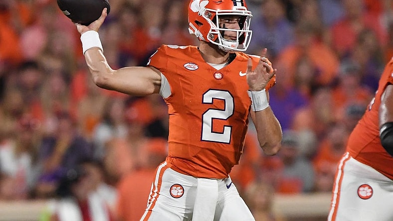 Sep 16, 2023; Clemson, South Carolina; Clemson quarterback Cade Klubnik (2) passes during the first quarter against Florida Atlantic at Memorial Stadium.  Mandatory Credit: Ken Ruinard-USA TODAY NETWORK