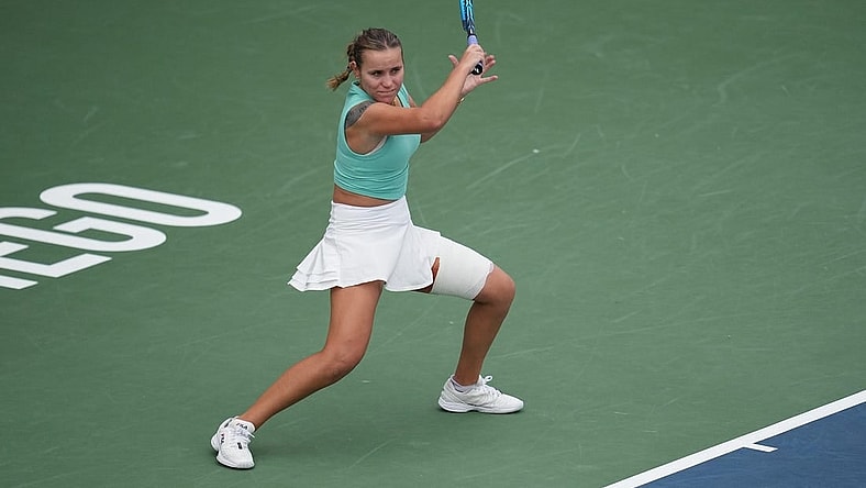 Sep 16, 2023; San Diego, CA, USA;  Sofia Kenin of the United States hits a forehand against Barbora Krejcikova of the Czech Republic (not pictured) during the finals of the San Diego Open at Barnes Tennis Center. Mandatory Credit: Ray Acevedo-USA TODAY Sports