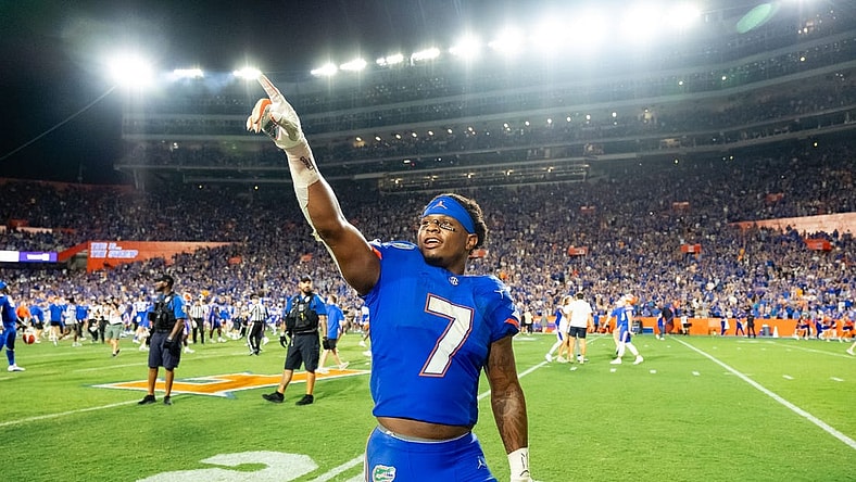 Sep 16, 2023; Gainesville, Florida, USA; Florida Gators running back Trevor Etienne (7) gestures to the crowd at Ben Hill Griffin Stadium after the game against the Tennessee Volunteers. Mandatory Credit: Chris Watkins-USA TODAY Sports