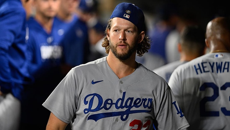 Sep 16, 2023; Seattle, Washington, USA; Los Angeles Dodgers starting pitcher Clayton Kershaw (22) in the dugout during the fifth inning against the Seattle Mariners at T-Mobile Park. Mandatory Credit: Steven Bisig-USA TODAY Sports