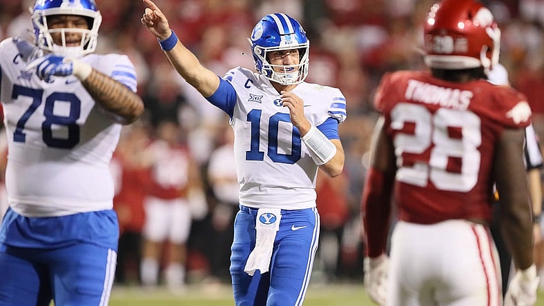 Sep 16, 2023; Fayetteville, Arkansas, USA; BYU Cougars quarterback Kedon Slovis (10) signals first down during the fourth quarter against the Arkansas Razorbacks at Donald W. Reynolds Razorback Stadium. BYU won 38-31. Mandatory Credit: Nelson Chenault-USA TODAY Sports