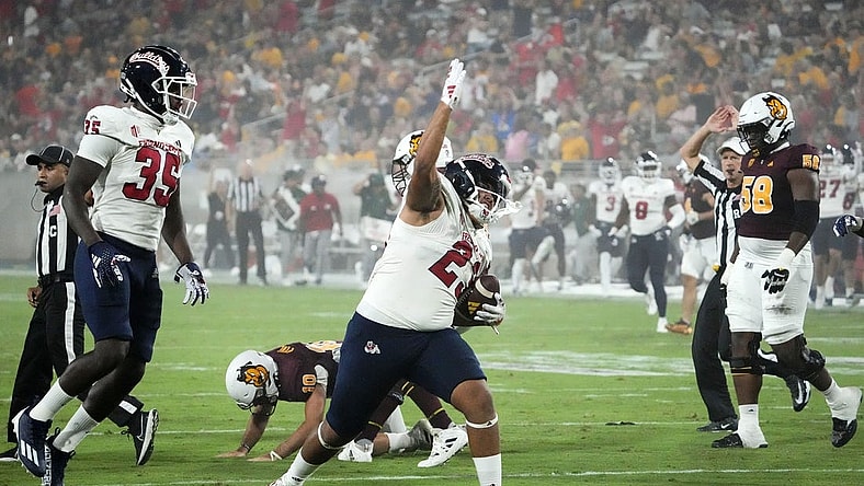Fresno State Bulldogs defensive lineman Jacob Holmes (23) reacts after recovering a fumble by Arizona State Sun Devils quarterback Drew Pyne (10) in the first half at Mountain America Stadium in Tempe on Sept. 16, 2023.