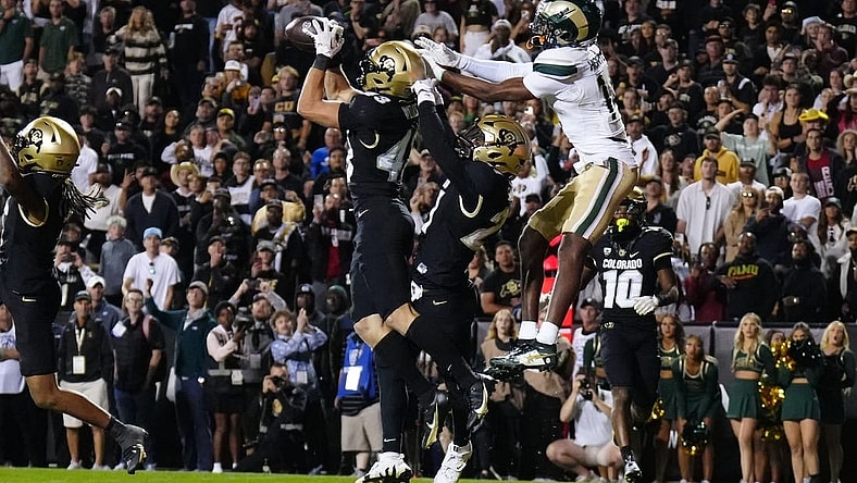 Sep 16, 2023; Boulder, Colorado, USA; Colorado Buffaloes safety Trevor Woods (43) intercepts the ball to end the double overtime game against the Colorado State Rams at Folsom Field. Mandatory Credit: Ron Chenoy-USA TODAY Sports