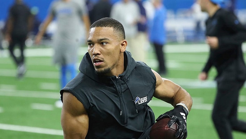 Detroit Lions receiver Amon-Ra St. Brown warms up before action against the Seattle Seahawks at Ford Field, Sunday, Sept. 17, 2023.