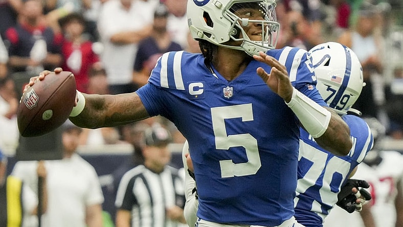 Sep 17, 2023; Houston, Texas, USA; Indianapolis Colts quarterback Anthony Richardson (5) draws back to pass Sunday, Sept. 17, 2023, during a game against the Houston Texans at NRG Stadium. Mandatory Credit: Jenna Watson-USA TODAY Sports