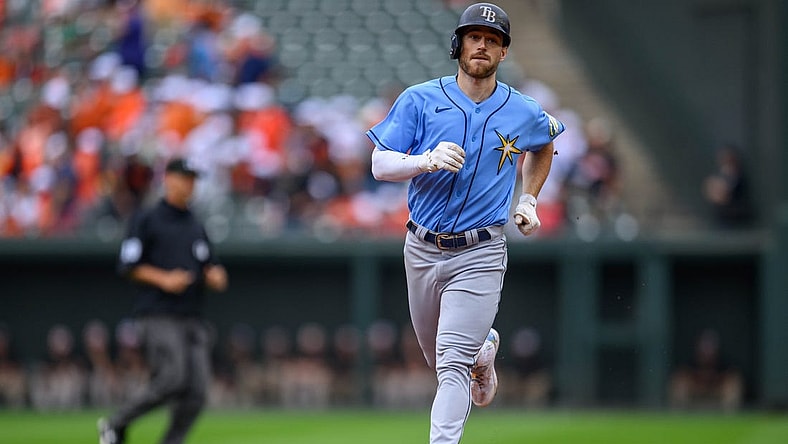 Sep 17, 2023; Baltimore, Maryland, USA; Tampa Bay Rays second baseman Brandon Lowe (8) scores a run during the first inning against the Baltimore Orioles at Oriole Park at Camden Yards. Mandatory Credit: Reggie Hildred-USA TODAY Sports