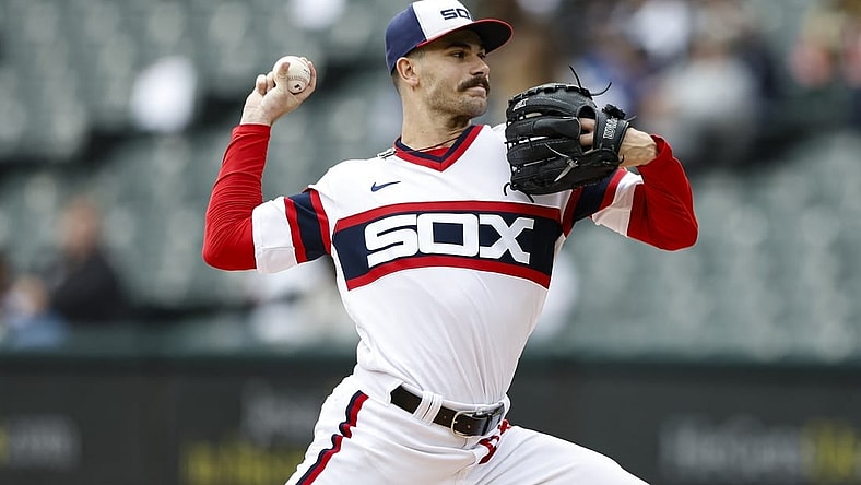 Sep 17, 2023; Chicago, Illinois, USA; Chicago White Sox starting pitcher Dylan Cease (84) delivers a pitch against the Minnesota Twins during the first inning at Guaranteed Rate Field. Mandatory Credit: Kamil Krzaczynski-USA TODAY Sports