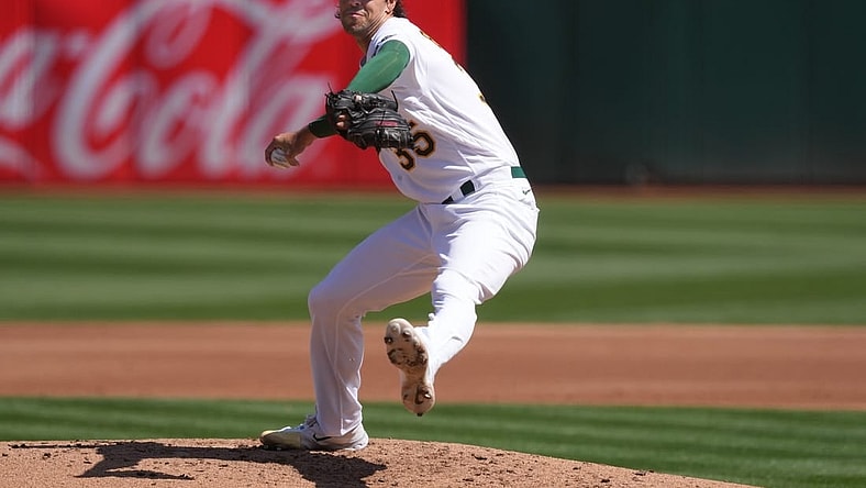 Sep 17, 2023; Oakland, California, USA; Oakland Athletics starting pitcher Joe Boyle (35) throws a pitch against the San Diego Padres during the third inning at Oakland-Alameda County Coliseum. Mandatory Credit: Darren Yamashita-USA TODAY Sports