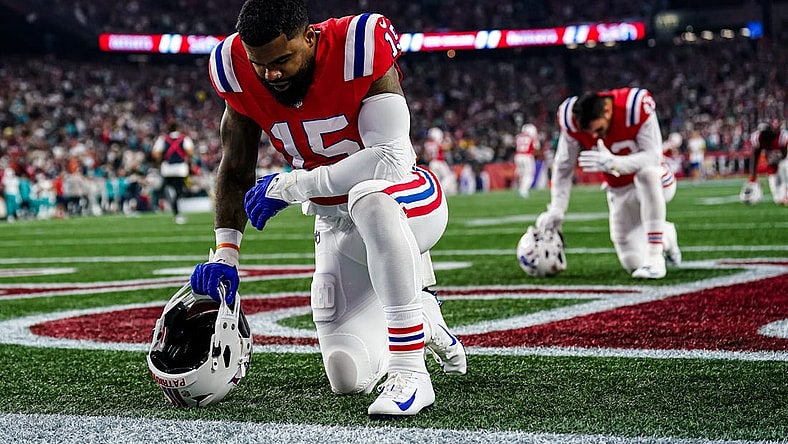 Sep 17, 2023; Foxborough, Massachusetts, USA; New England Patriots running back Ezekiel Elliott (15) on the field before the game against the Miami Dolphins at Gillette Stadium. Mandatory Credit: David Butler II-USA TODAY Sports