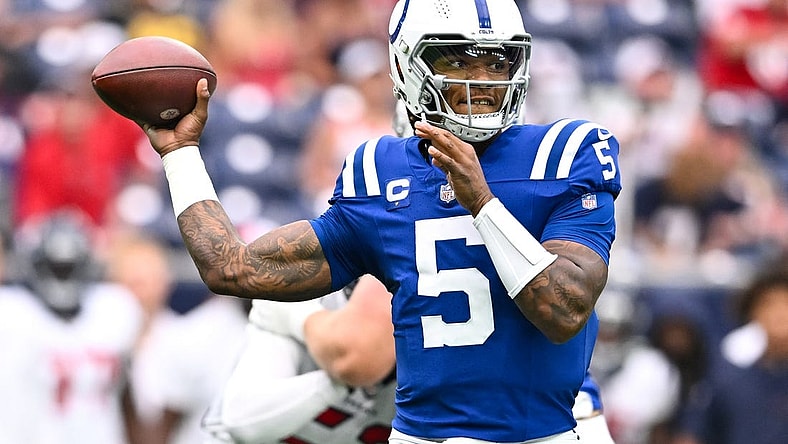 Sep 17, 2023; Houston, Texas, USA; Indianapolis Colts quarterback Anthony Richardson (5) looks to pass the ball during the first half against the Houston Texans at NRG Stadium. Mandatory Credit: Maria Lysaker-USA TODAY Sports