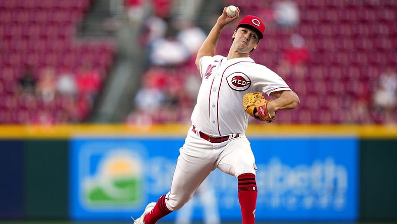 Cincinnati Reds pitcher Connor Phillips (34) delivers a pitch in the first inning of a baseball game against the Minnesota Twins, Monday, Sept. 18, 2023, at Great American Ball Park in Cincinnati.