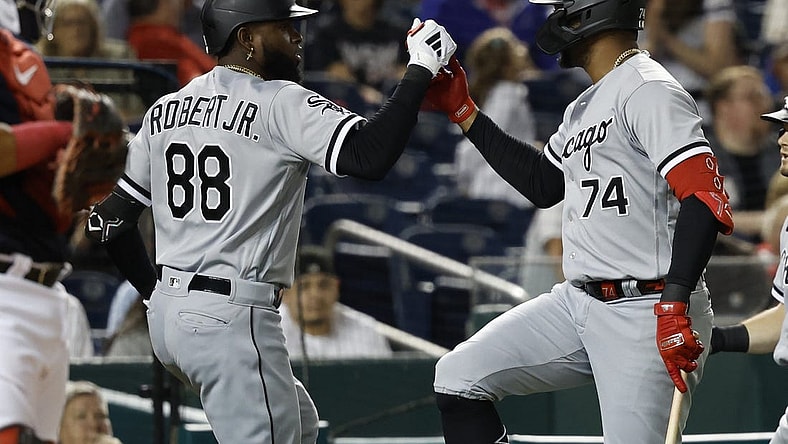 Sep 18, 2023; Washington, District of Columbia, USA; Chicago White Sox center fielder Luis Robert Jr. (88) celebrates with White Sox designated hitter Eloy Jimenez (74) after hitting a three run home run against the Washington Nationals during the fifth inning at Nationals Park. Mandatory Credit: Geoff Burke-USA TODAY Sports