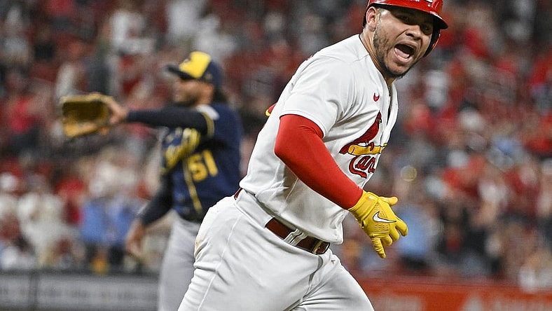 Sep 18, 2023; St. Louis, Missouri, USA;  St. Louis Cardinals catcher Willson Contreras (40) reacts after hitting a solo home run off of Milwaukee Brewers starting pitcher Freddy Peralta (51) during the fourth inning at Busch Stadium. Mandatory Credit: Jeff Curry-USA TODAY Sports