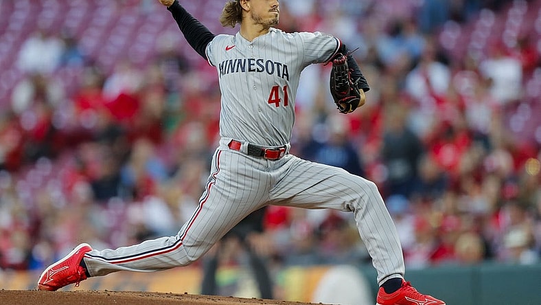 Sep 18, 2023; Cincinnati, Ohio, USA; Minnesota Twins starting pitcher Joe Ryan (41) pitches against the Cincinnati Reds in the first inning at Great American Ball Park. Mandatory Credit: Katie Stratman-USA TODAY Sports