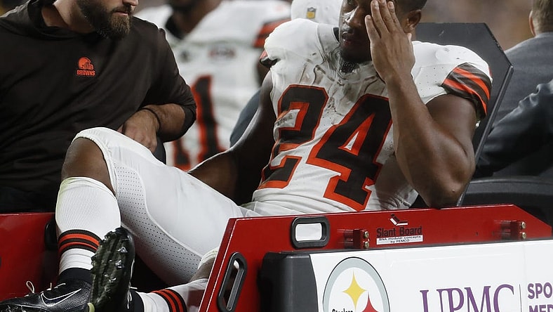 Sep 18, 2023; Pittsburgh, Pennsylvania, USA;  Cleveland Browns running back Nick Chubb (24) is taken from the field on a cart after suffering an apparent injury against the Pittsburgh Steelers during the second quarter at Acrisure Stadium. Mandatory Credit: Charles LeClaire-USA TODAY Sports