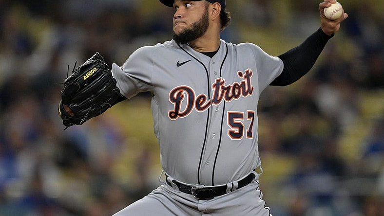 Sep 18, 2023; Los Angeles, California, USA;  Detroit Tigers starting pitcher Eduardo Rodriguez (57) delivers in the first inning against the Los Angeles Dodgers at Dodger Stadium. Mandatory Credit: Jayne Kamin-Oncea-USA TODAY Sports