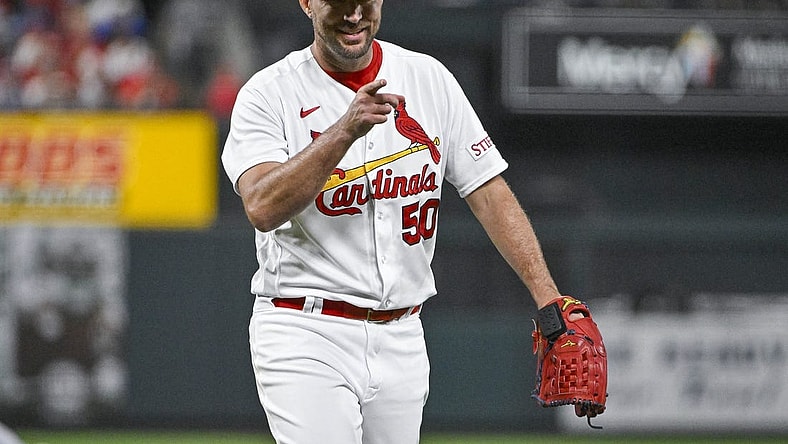 Sep 18, 2023; St. Louis, Missouri, USA;  St. Louis Cardinals starting pitcher Adam Wainwright (50) reacts after a double play against the Milwaukee Brewers to end the sixth inning at Busch Stadium. Mandatory Credit: Jeff Curry-USA TODAY Sports