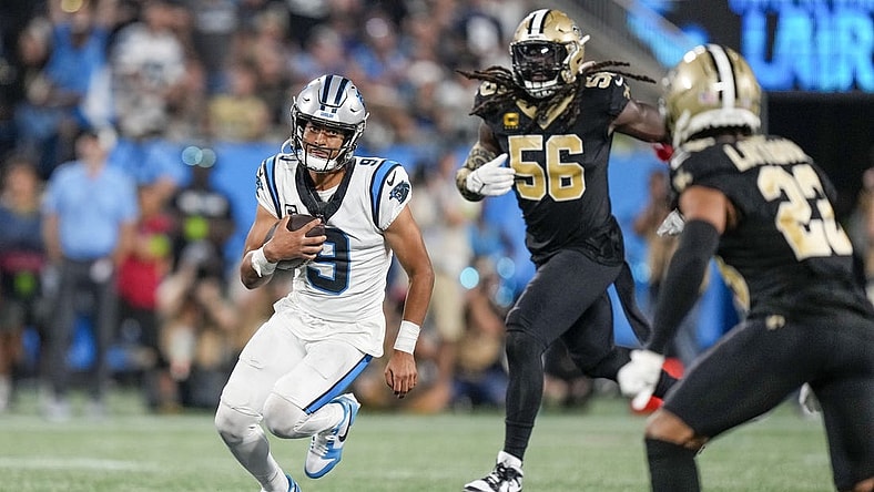 Sep 18, 2023; Charlotte, North Carolina, USA; Carolina Panthers quarterback Bryce Young (9) runs the ball against the New Orleans Saints during the second half at Bank of America Stadium. Mandatory Credit: Jim Dedmon-USA TODAY Sports