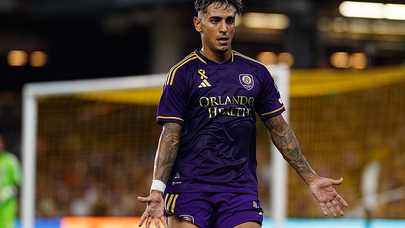 Sep 16, 2023; Orlando, Florida, USA; Orlando City SC midfielder Facundo Torres (17) defends against the Columbus Crew in the second half at Exploria Stadium. Mandatory Credit: Morgan Tencza-USA TODAY Sports
