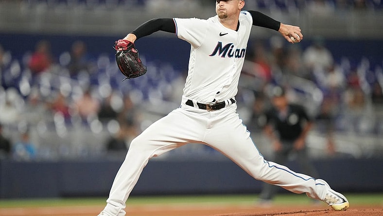 Sep 19, 2023; Miami, Florida, USA; Miami Marlins starting pitcher Braxton Garrett (29) pitches against the New York Mets in the first inning at loanDepot Park. Mandatory Credit: Jim Rassol-USA TODAY Sports