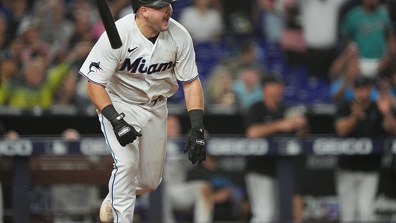 Sep 19, 2023; Miami, Florida, USA;  Miami Marlins third baseman Jake Burger (36) celebrates hitting the game winning RBI single in the ninth inning against the New York Mets at loanDepot Park. Mandatory Credit: Jim Rassol-USA TODAY Sports