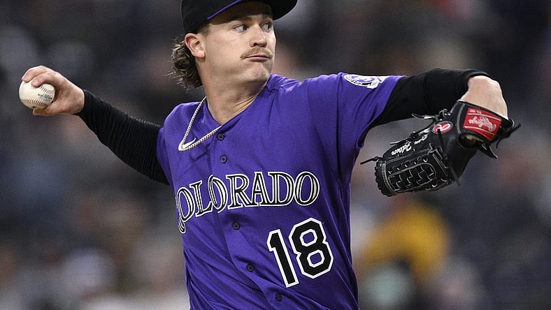 Sep 19, 2023; San Diego, California, USA; Colorado Rockies starting pitcher Ryan Feltner (18) throws a pitch against the San Diego Padres during the first inning at Petco Park. Mandatory Credit: Orlando Ramirez-USA TODAY Sports