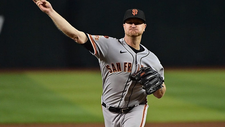 Sep 19, 2023; Phoenix, Arizona, USA; San Francisco Giants starting pitcher Alex Cobb (38) throws in the first inning against the Arizona Diamondbacks at Chase Field. Mandatory Credit: Matt Kartozian-USA TODAY Sports