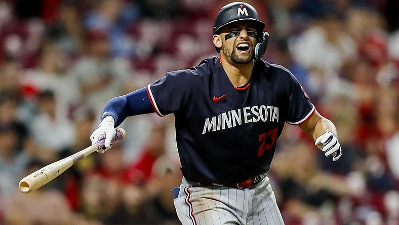 Sep 19, 2023; Cincinnati, Ohio, USA; Minnesota Twins third baseman Royce Lewis (23) reacts after being injured during his at-bat in the eighth inning against the Cincinnati Reds at Great American Ball Park. Mandatory Credit: Katie Stratman-USA TODAY Sports