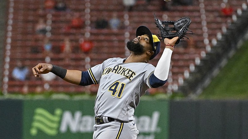 Sep 19, 2023; St. Louis, Missouri, USA; Milwaukee Brewers first baseman Carlos Santana (41) catches a fly ball against the St. Louis Cardinals during the eighth inning at Busch Stadium. Mandatory Credit: Jeff Curry-USA TODAY Sports