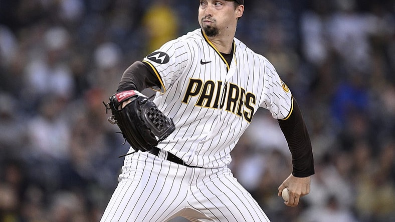 Sep 19, 2023; San Diego, California, USA; San Diego Padres starting pitcher Blake Snell (4) throws a pitch against the Colorado Rockies during the first inning at Petco Park. Mandatory Credit: Orlando Ramirez-USA TODAY Sports