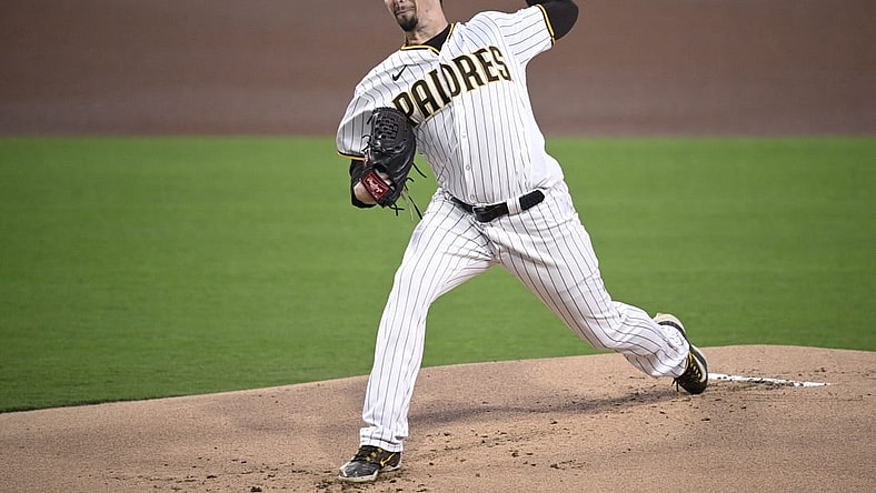 Sep 19, 2023; San Diego, California, USA; San Diego Padres starting pitcher Blake Snell (4) throws a pitch against the Colorado Rockies during the first inning at Petco Park. Mandatory Credit: Orlando Ramirez-USA TODAY Sports