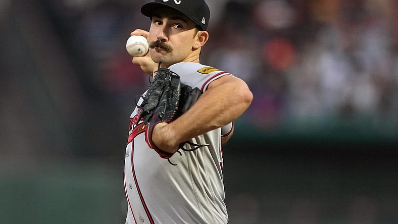 Aug 25, 2023; San Francisco, California, USA; Atlanta Braves starting pitcher Spencer Strider (99) throws a pitch against the San Francisco Giants during the third inning at Oracle Park. Mandatory Credit: Darren Yamashita-USA TODAY Sports