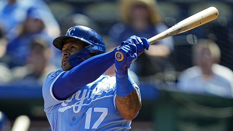 Sep 20, 2023; Kansas City, Missouri, USA; Kansas City Royals right fielder Nelson Velazquez (17) hits a home run during the first inning against the Cleveland Guardians at Kauffman Stadium. Mandatory Credit: Jay Biggerstaff-USA TODAY Sports