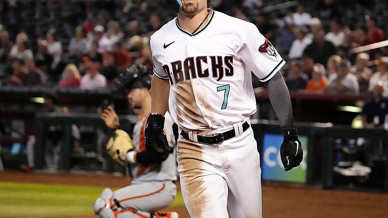 Arizona Diamondbacks rookie Corbin Carroll (7) smiles after hitting his 25th home run against the San Francisco Giants in the seventh inning at Chase Field in Phoenix on Sept. 20, 2023.