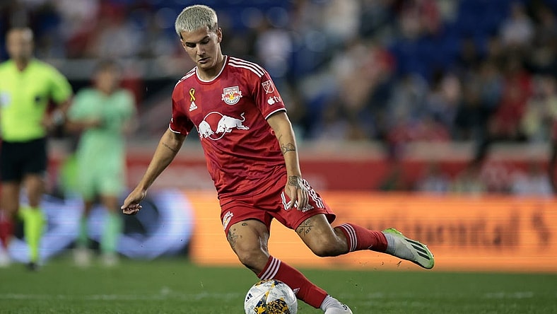 Sep 20, 2023; Harrison, New Jersey, USA; New York Red Bulls defender John Tolkin (47) controls the ball in the first half against the Austin FC at Red Bull Arena. Mandatory Credit: Vincent Carchietta-USA TODAY Sports